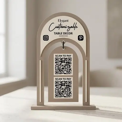 استند کیو آر کد چوبی قوسی دولایه؛ دو صفحهٔ چوبی با فرم قوس، محل دو کد QR در صفحهٔ جلویی